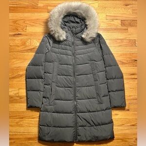 DKNY Charcoal Puffer Jacket with Faux Fur Trim